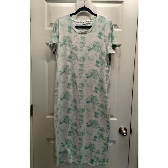 Vintage KIKIT Women Size Large Green White Tie Dye Terrycloth-Like T-Shirt Dress - Picture 1 of 6